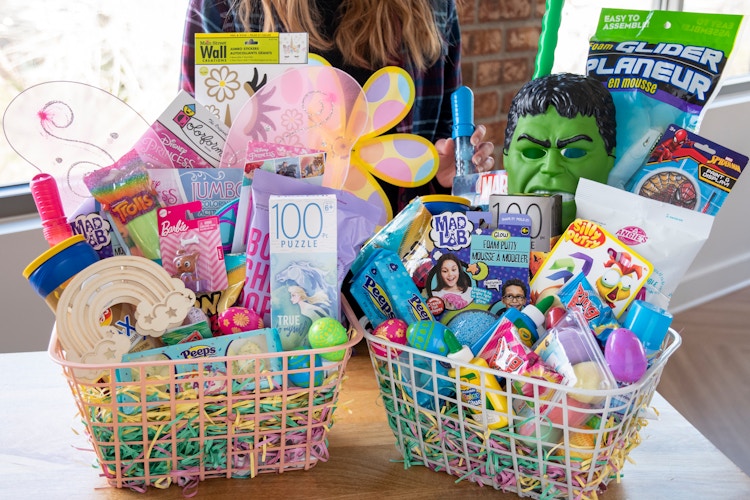 easter baskets on a counter 
