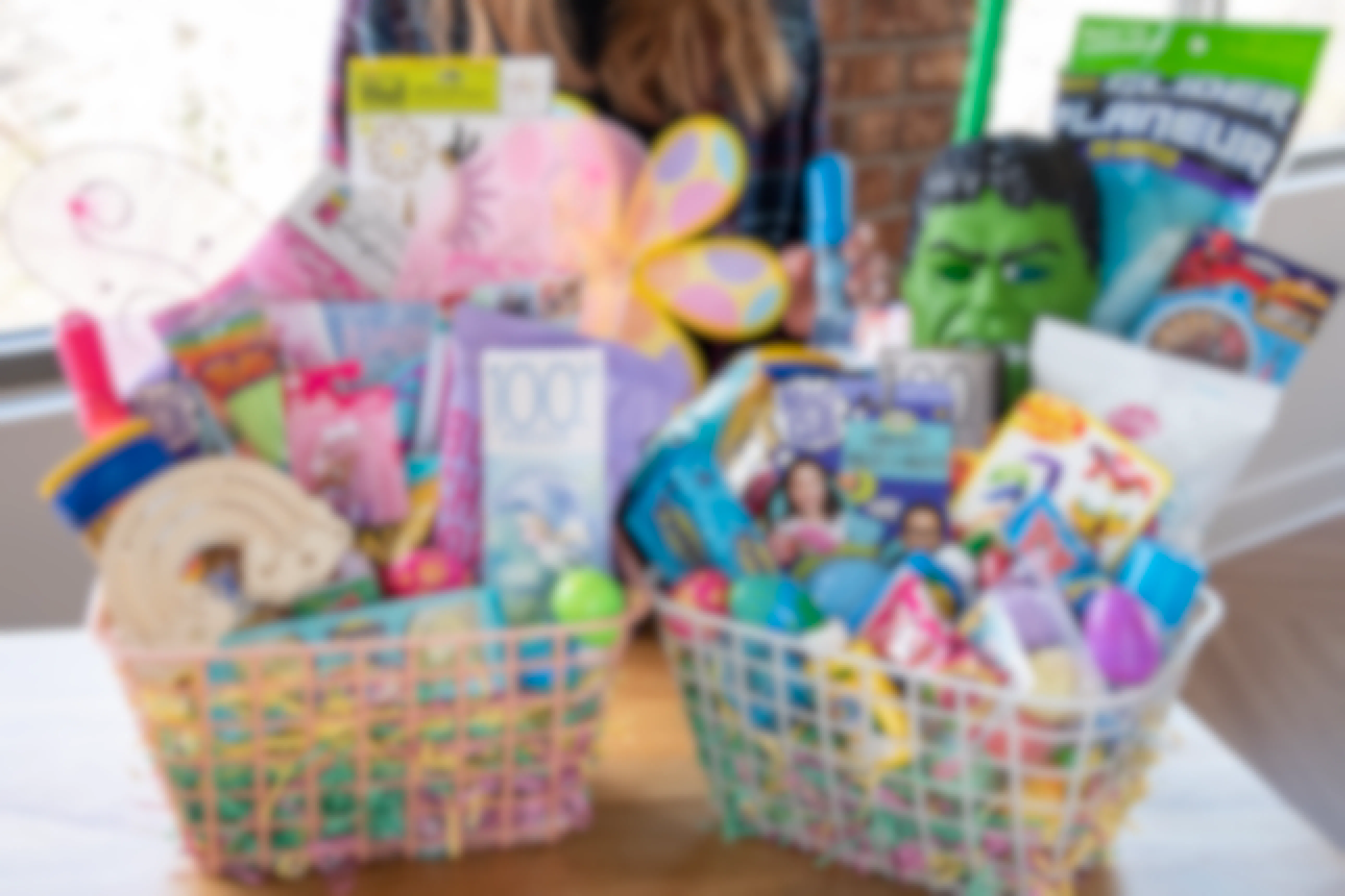 easter baskets on a counter 