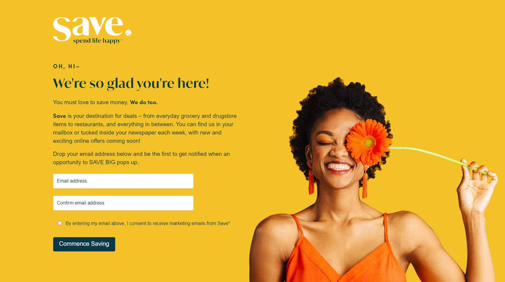 Save.com website with a wolman holding a flower up to her face.