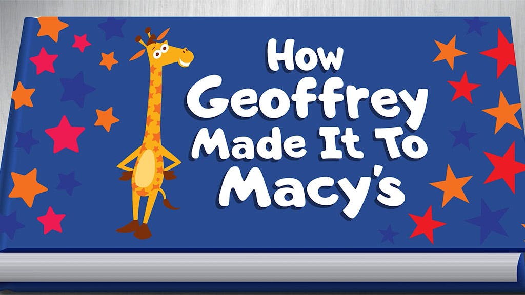 A sign with a giraffe illustrating Toys"R"Us and Macy's partnership