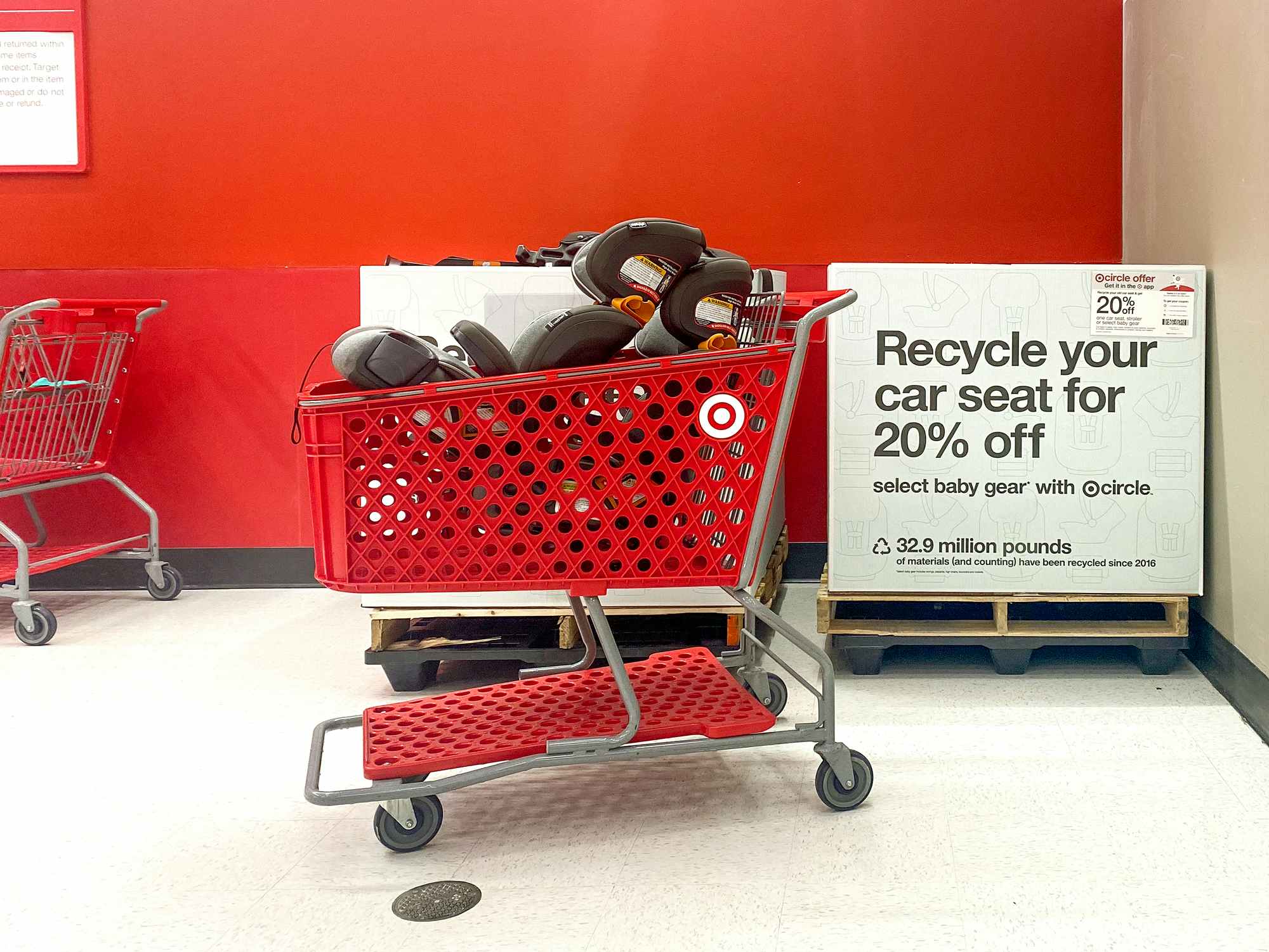 target shopping cart with convertible car seats to be returned at car seat trade-in event