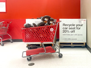 target shopping cart with convertible car seats to be returned at car seat trade-in event