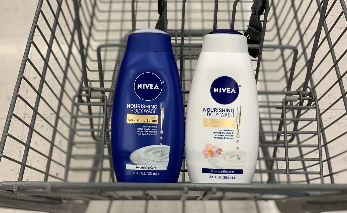 Two Nivea body wash bottles in a shopping cart.