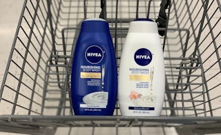 Two Nivea body wash bottles in a shopping cart.