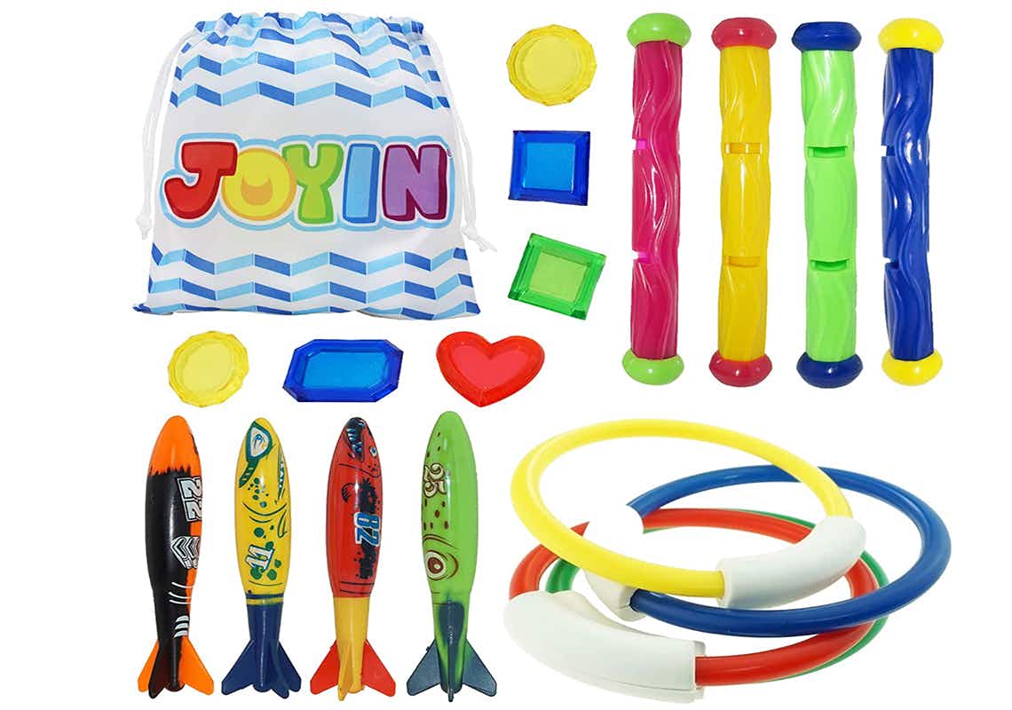 A Joyin bag next to different kinds of plastic pool toys, including diving rings, torpedoes, and other toys.
