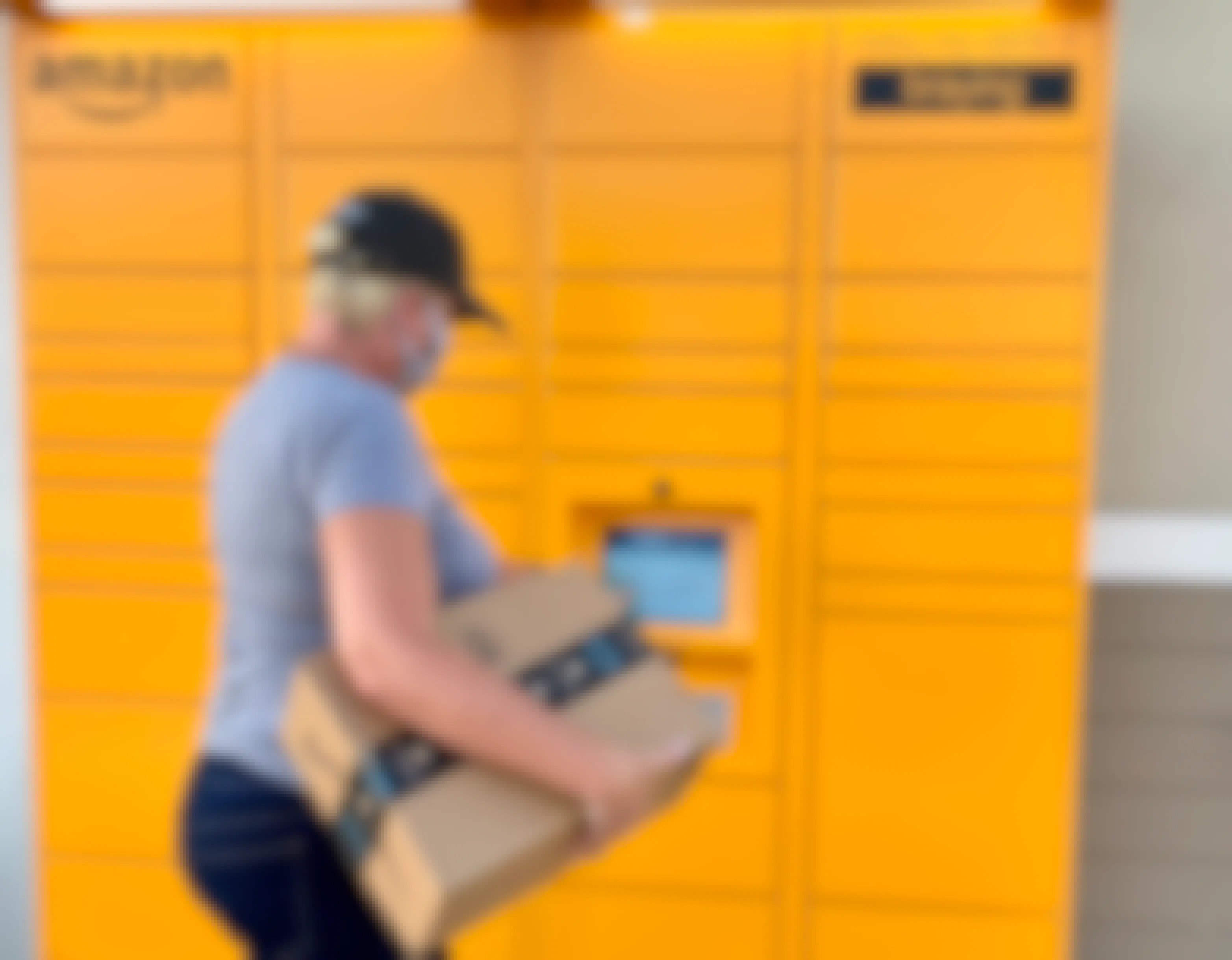 woman returning amazon package at locker 