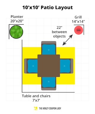 10x10 patio plan with furniture layout and measurements