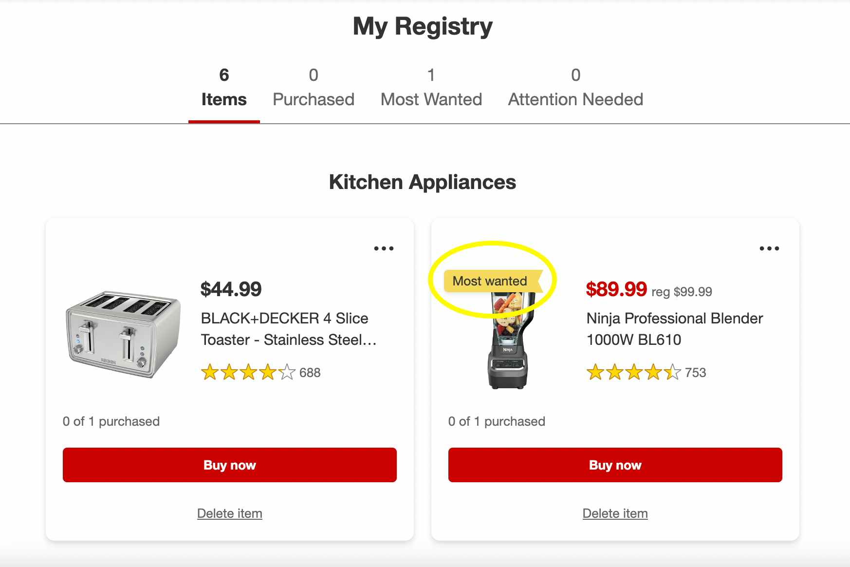 A screenshot from a Target wedding registry with the Most Wanted tag circled on a blender that has been added to the registry.