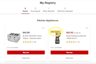 A screenshot from a Target wedding registry with the Most Wanted tag circled on a blender that has been added to the registry.
