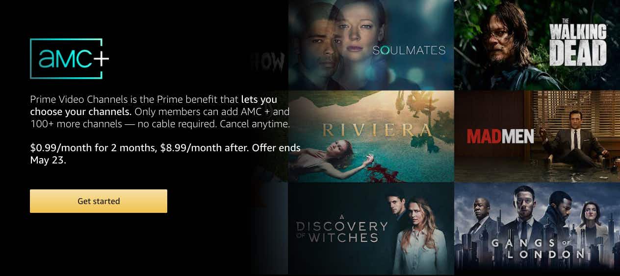 A description of the AMC+ streaming service next to movie preview photos