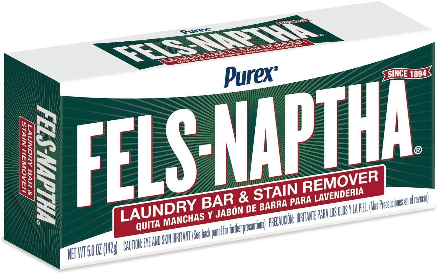 A box of the Purex Fels-Naptha laundry bar on a white background