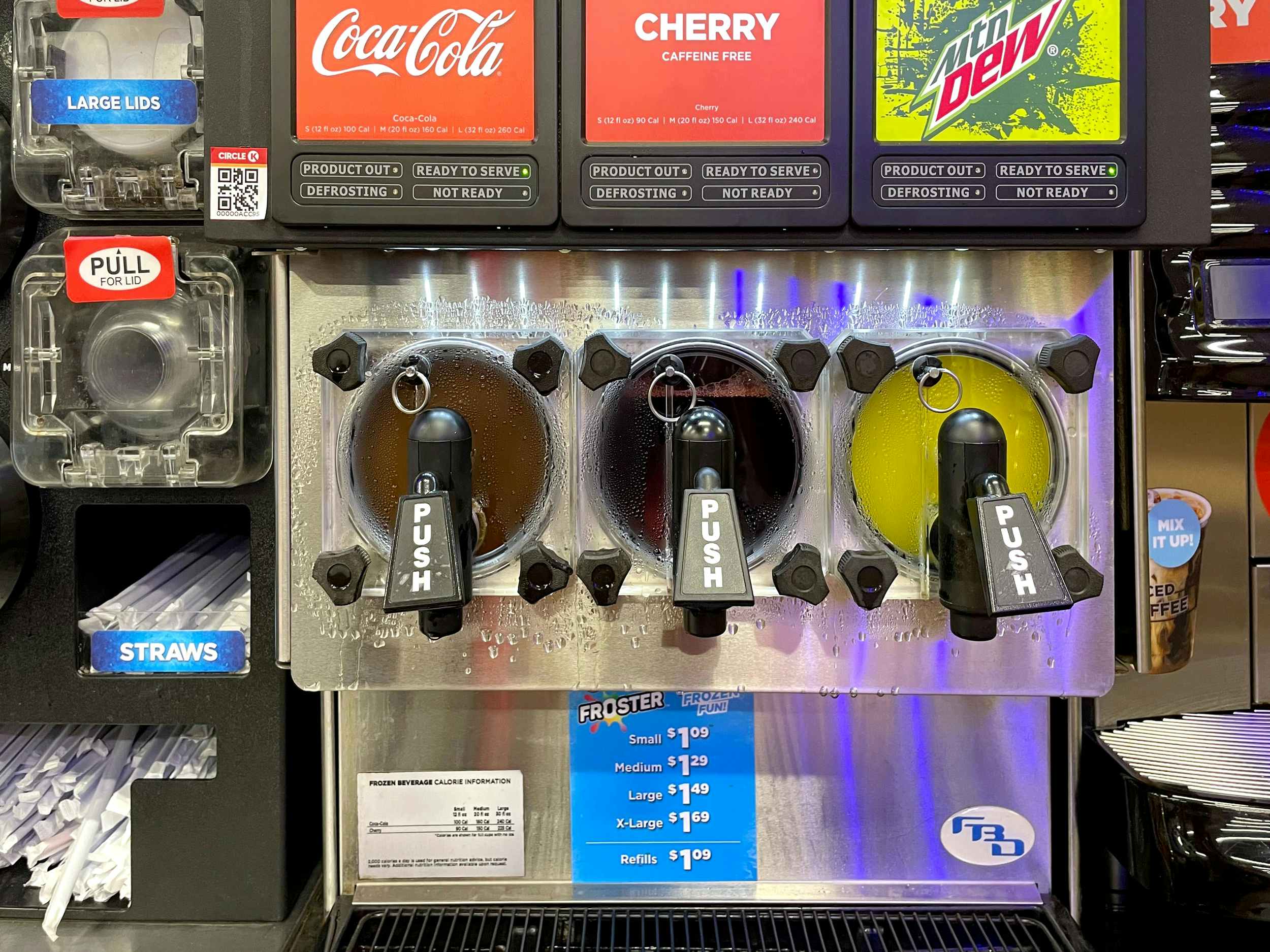 circle k froster machine with lids, straws, and prices
