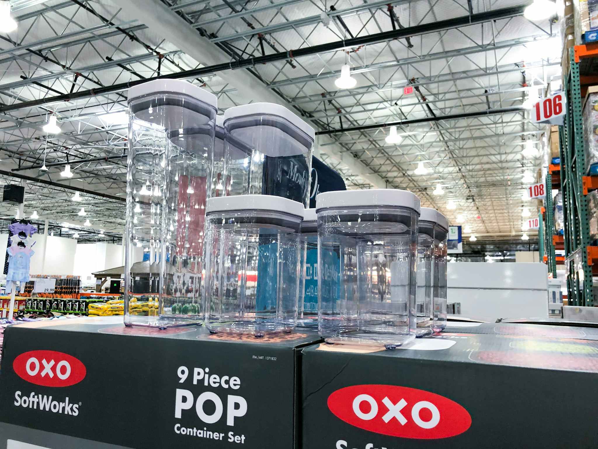 set of OXO POP containers on top of boxes at Costco