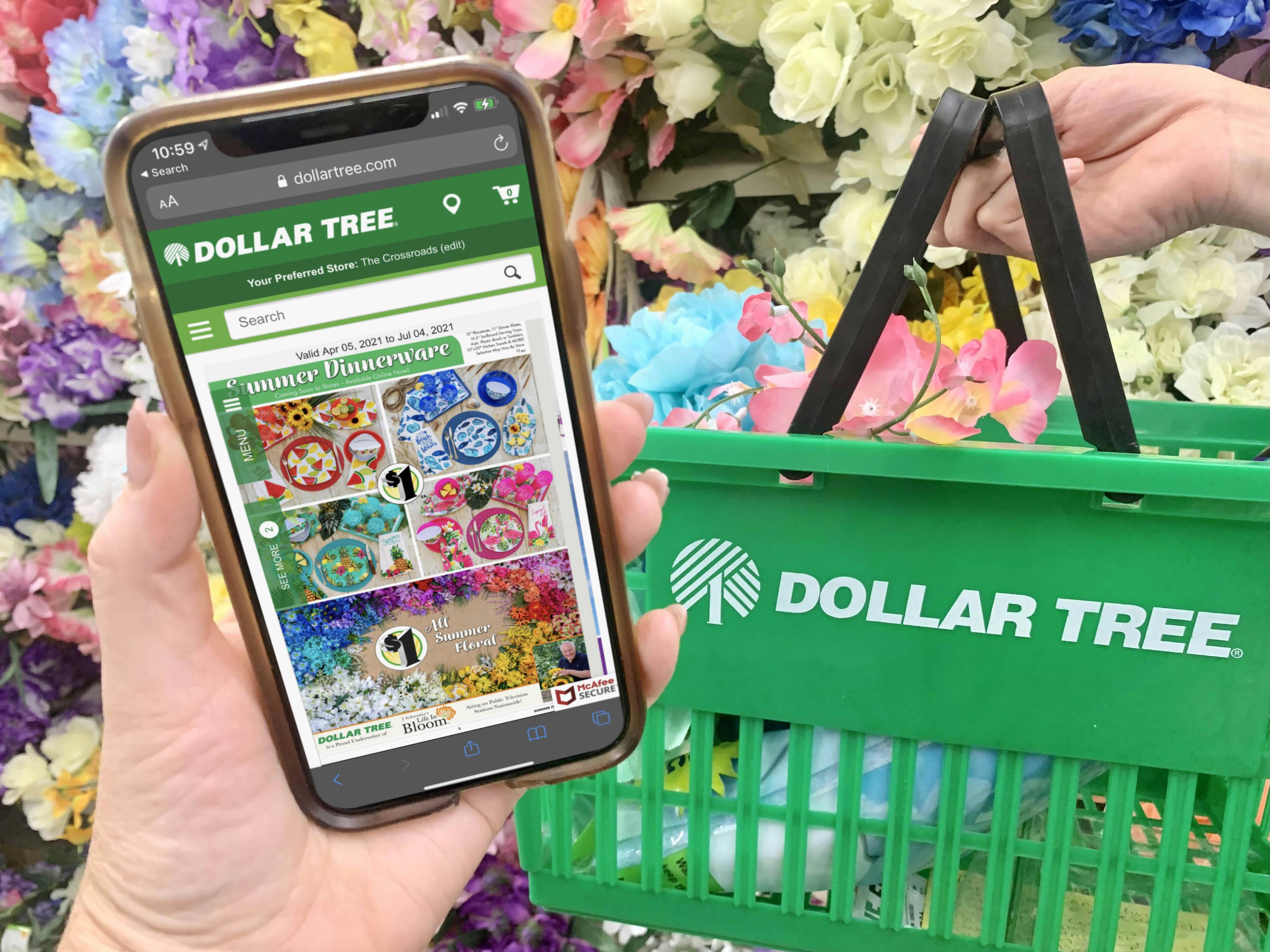 phone being held with dollar tree ad, shopping basket, and floral display