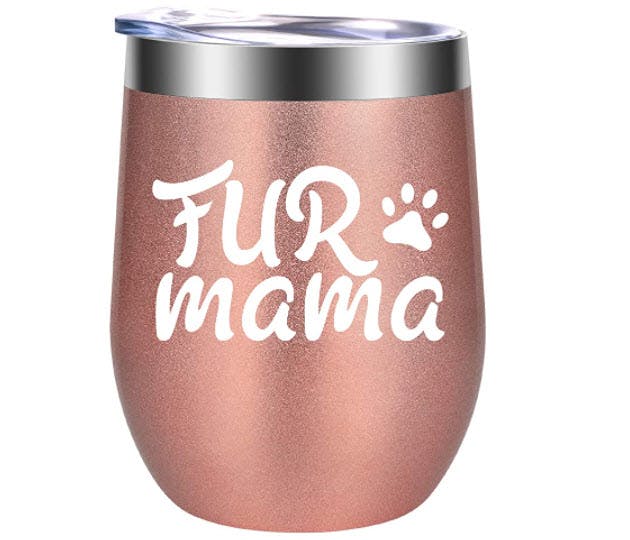 A stemless wine tumbler with the words "Fur Mama" on it.