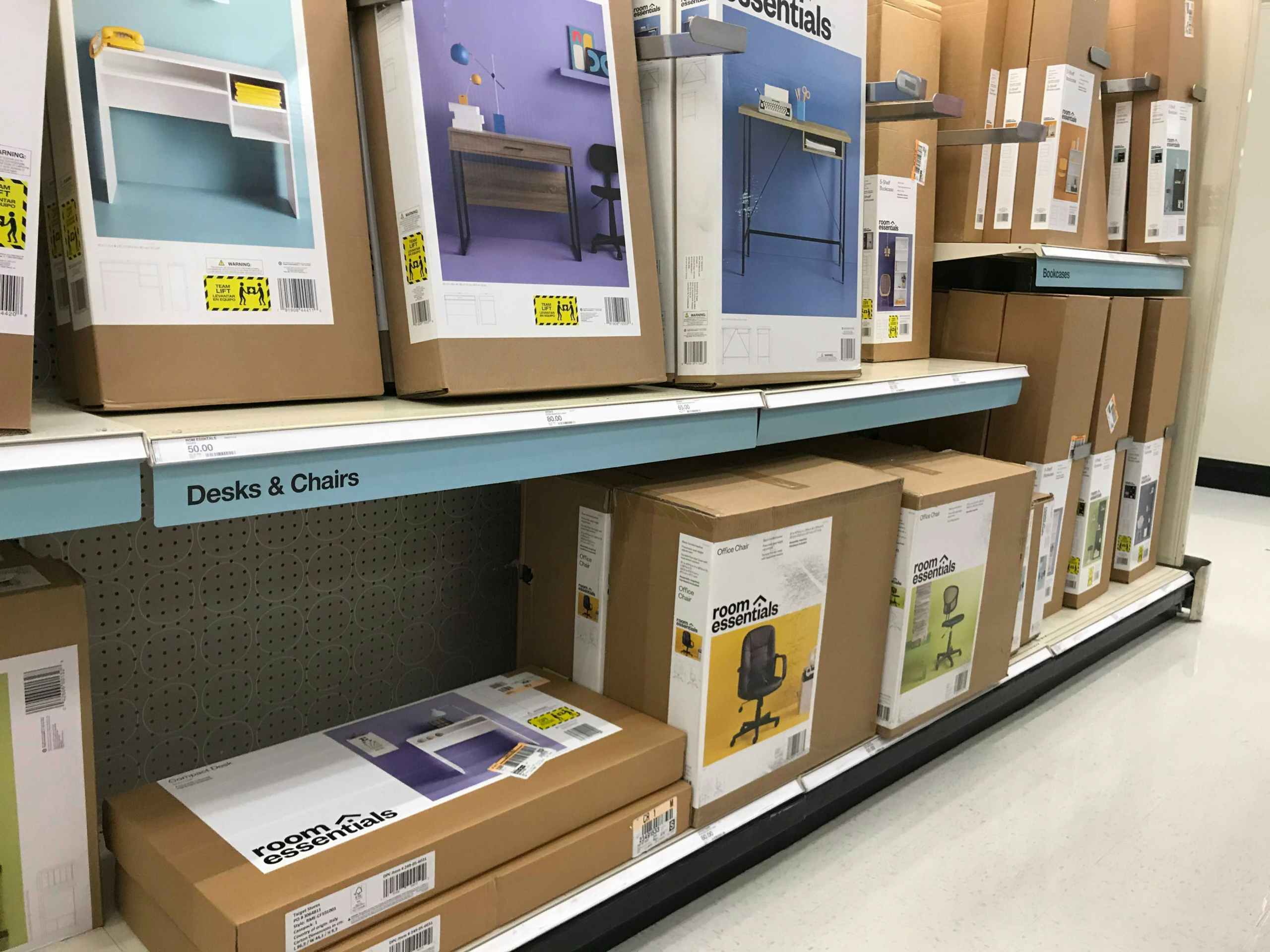 diagonal boxes of furniture on a store shelf