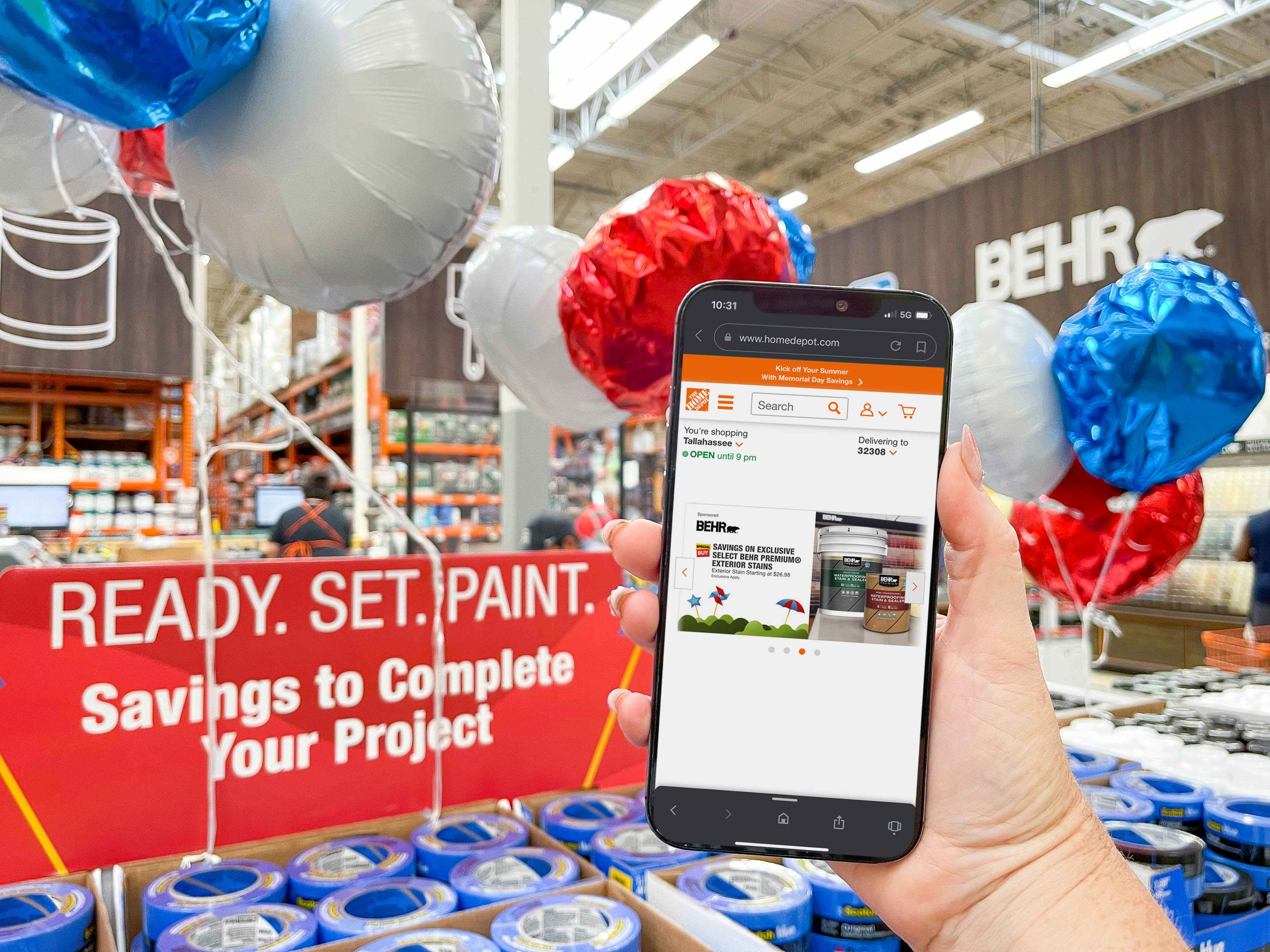 cell phone showing memorial day paint sale at Home Depot