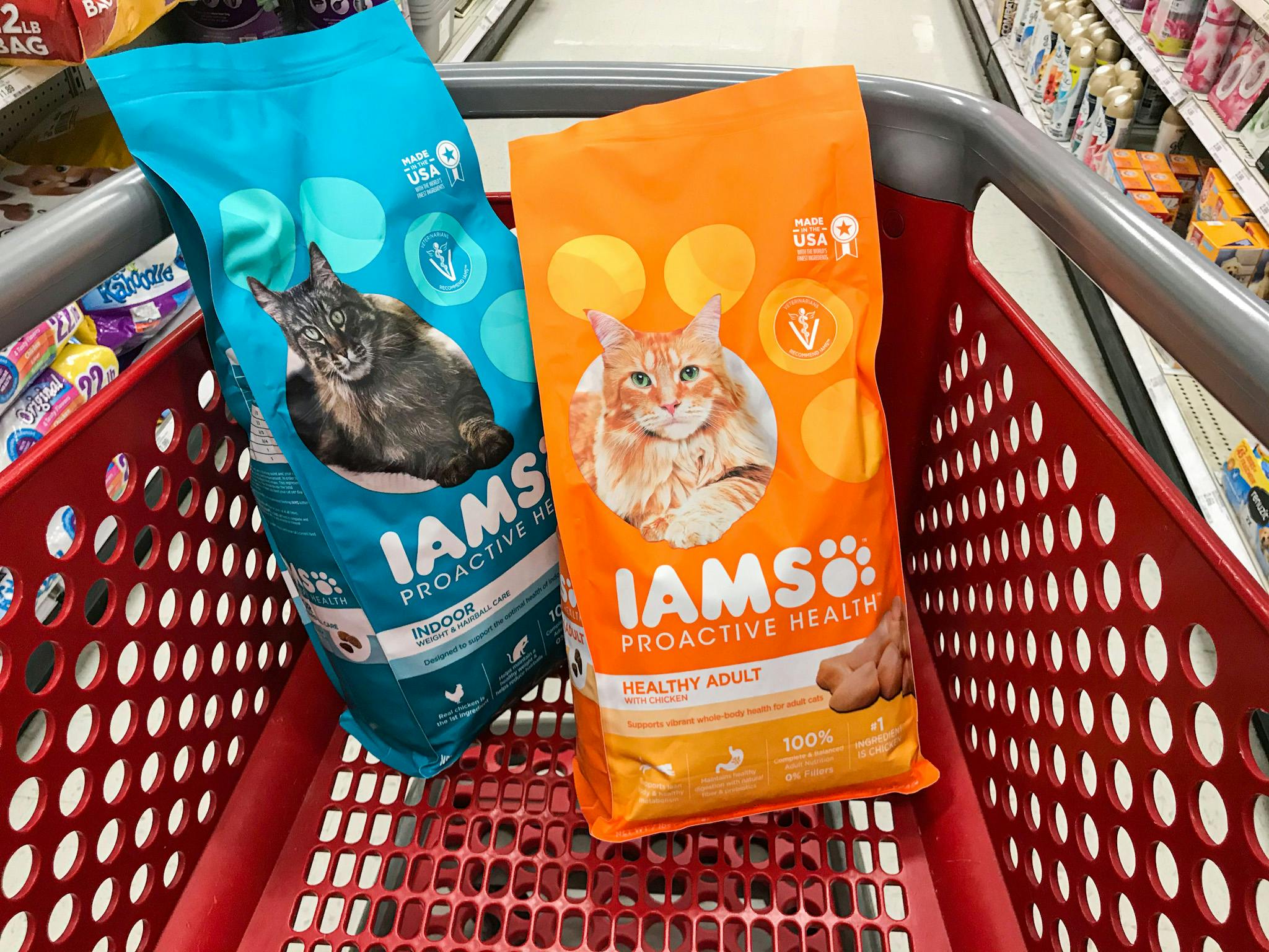 iams dry cat food in a Target cart