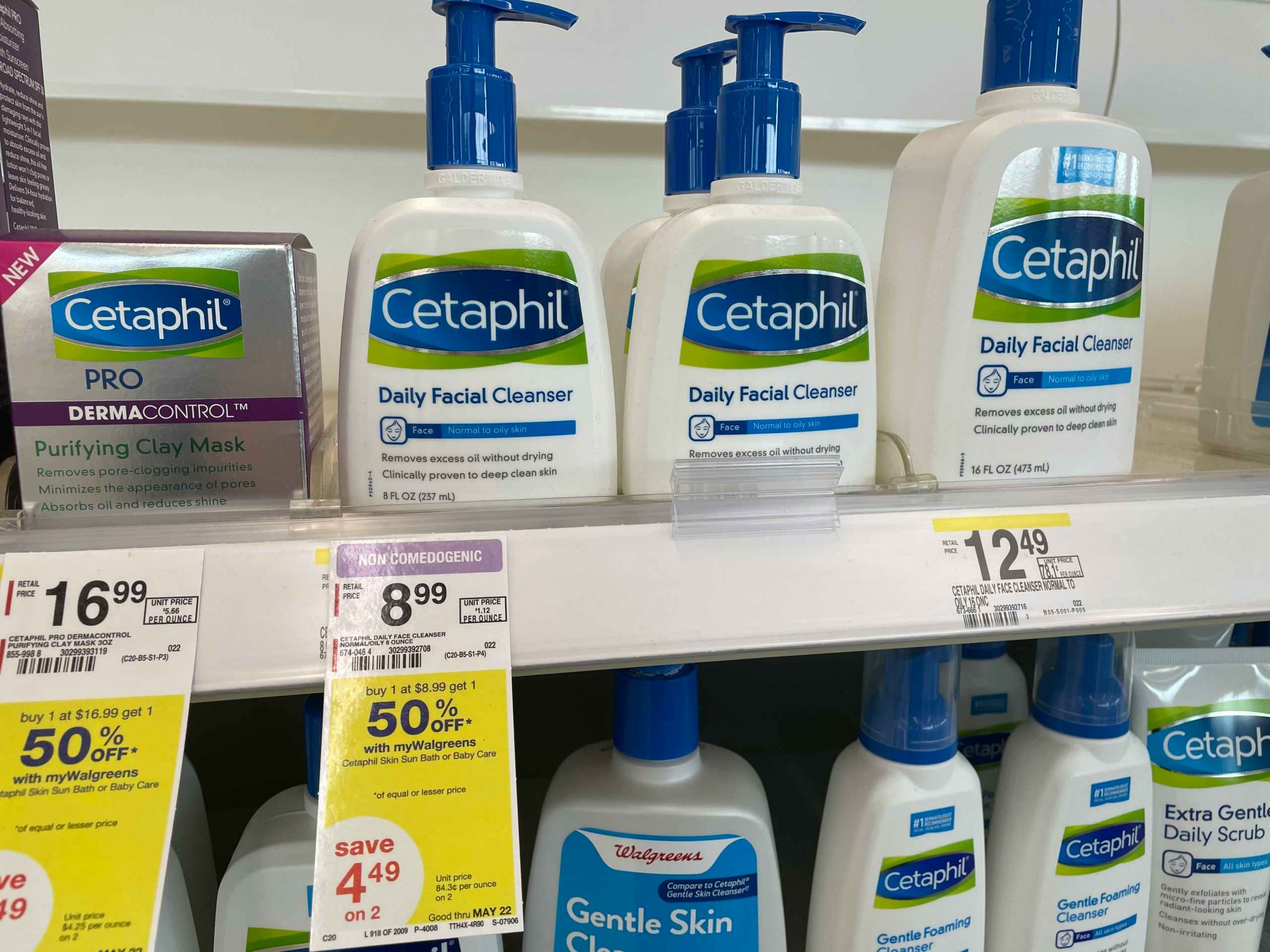 bottles of cetaphil facial wash on shelf