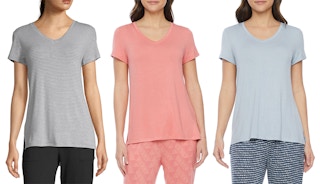 Stock photo collage of three women's pajama v-neck tops