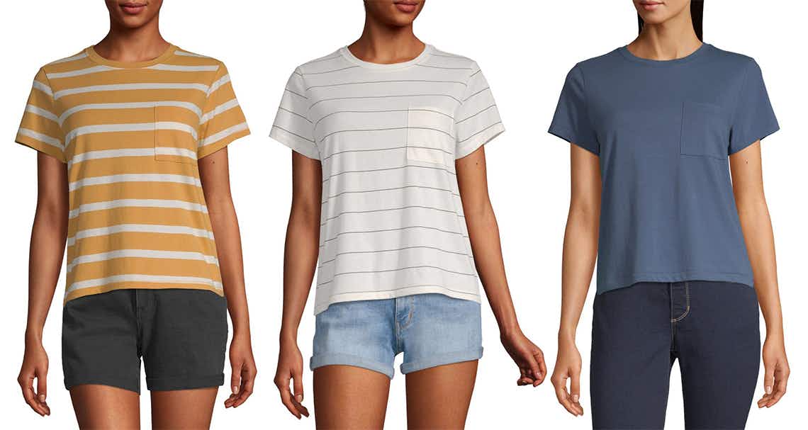 Stock image of three women's t-shirts in different colors