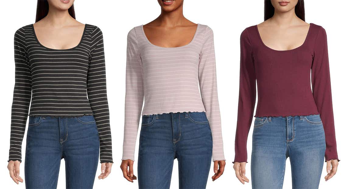 Stock image of three women's long-sleeved shirts in different colors