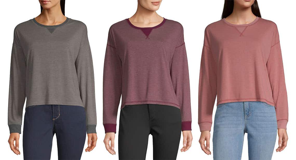 Stock image of three women's sweatshirts in different colors