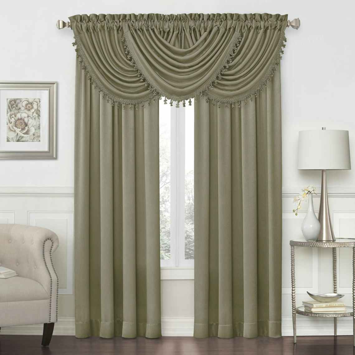 Olive green window curtains with valance
