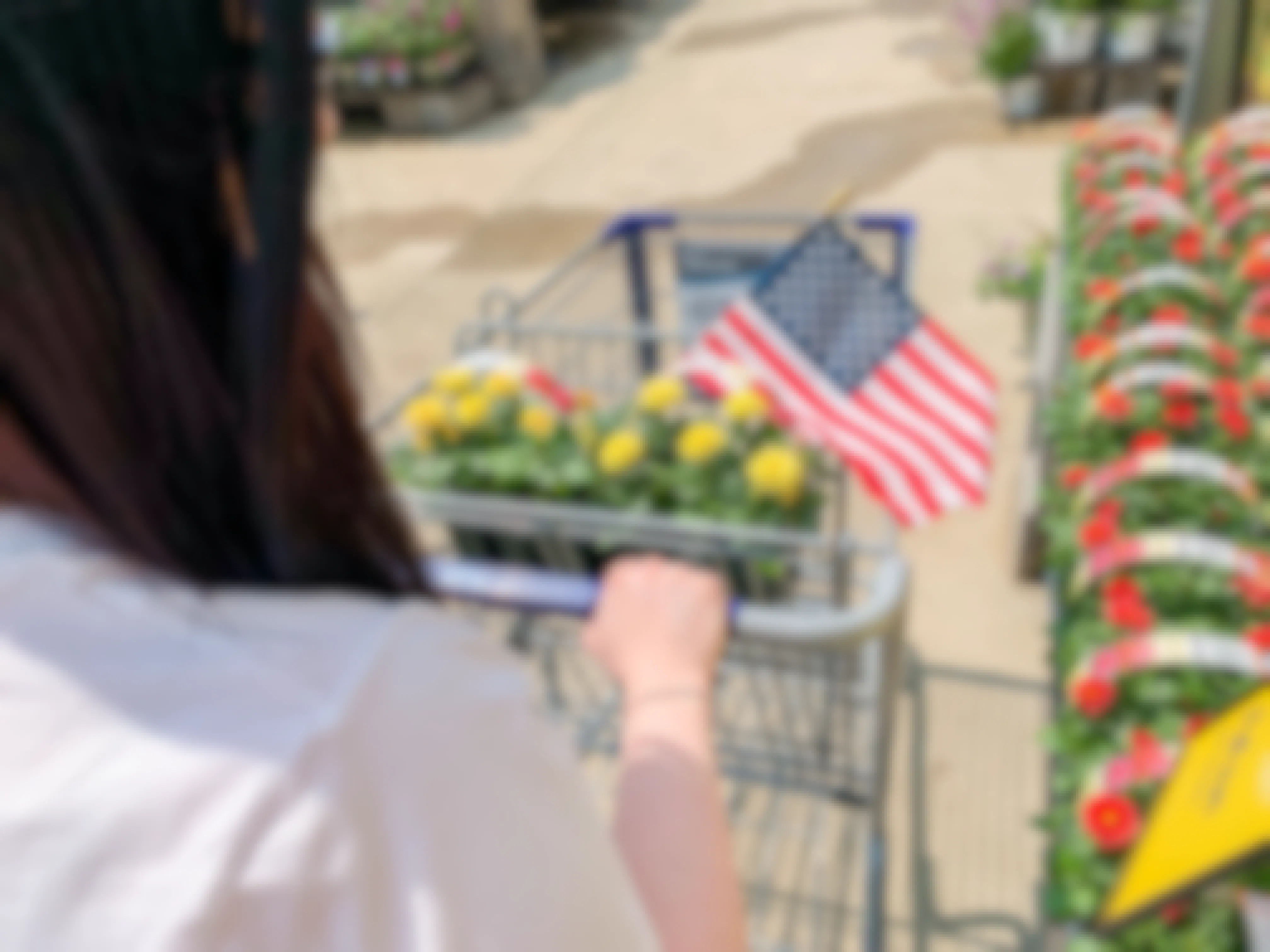 a person pushing a cart full of flowers and an american flag at lowe's