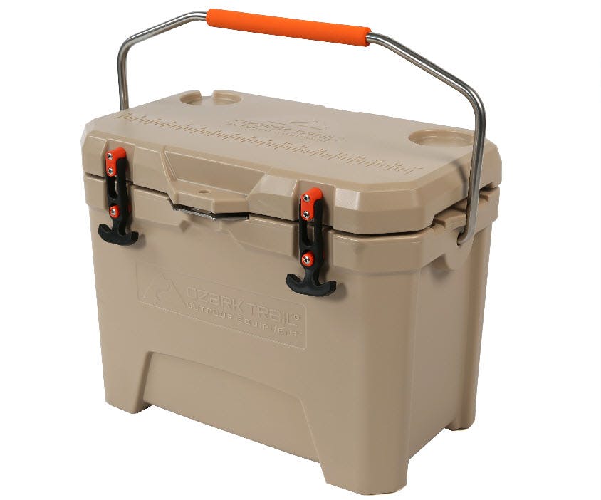 An Ozark Trails hard cooler with a handle.