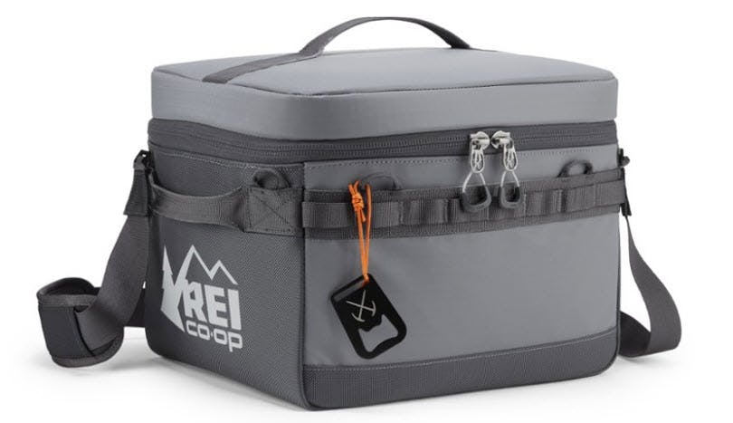 An REI soft cooler with bottle opener on the side.