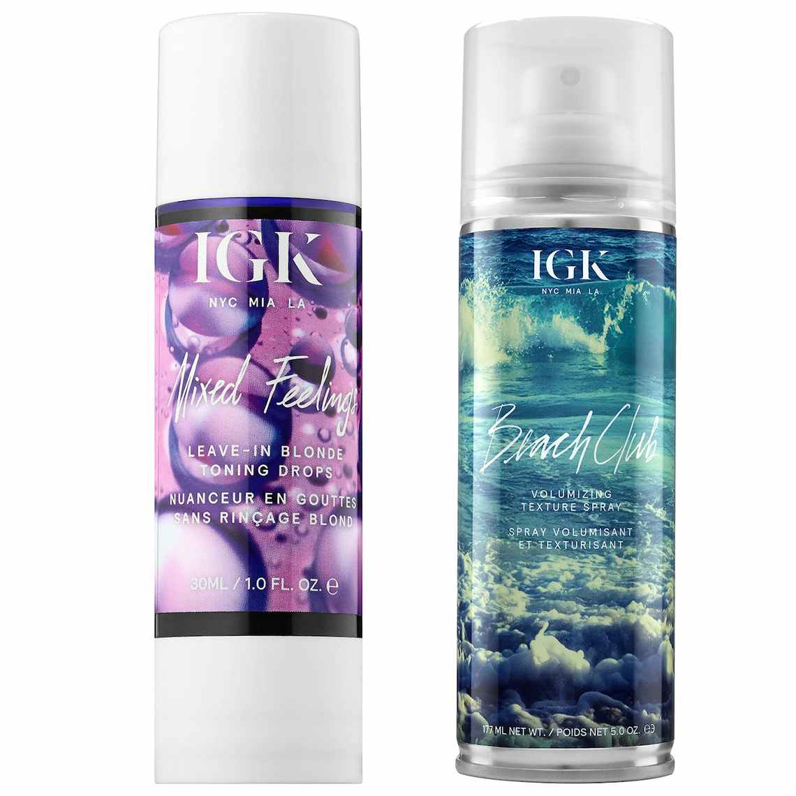 Two bottles of IGK hair care products.