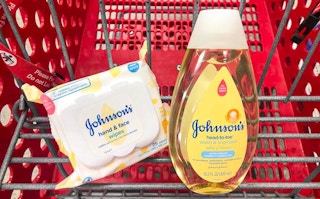 johnson's baby head to toe body wash and johnson's hand and face baby wipes in a target shopping cart