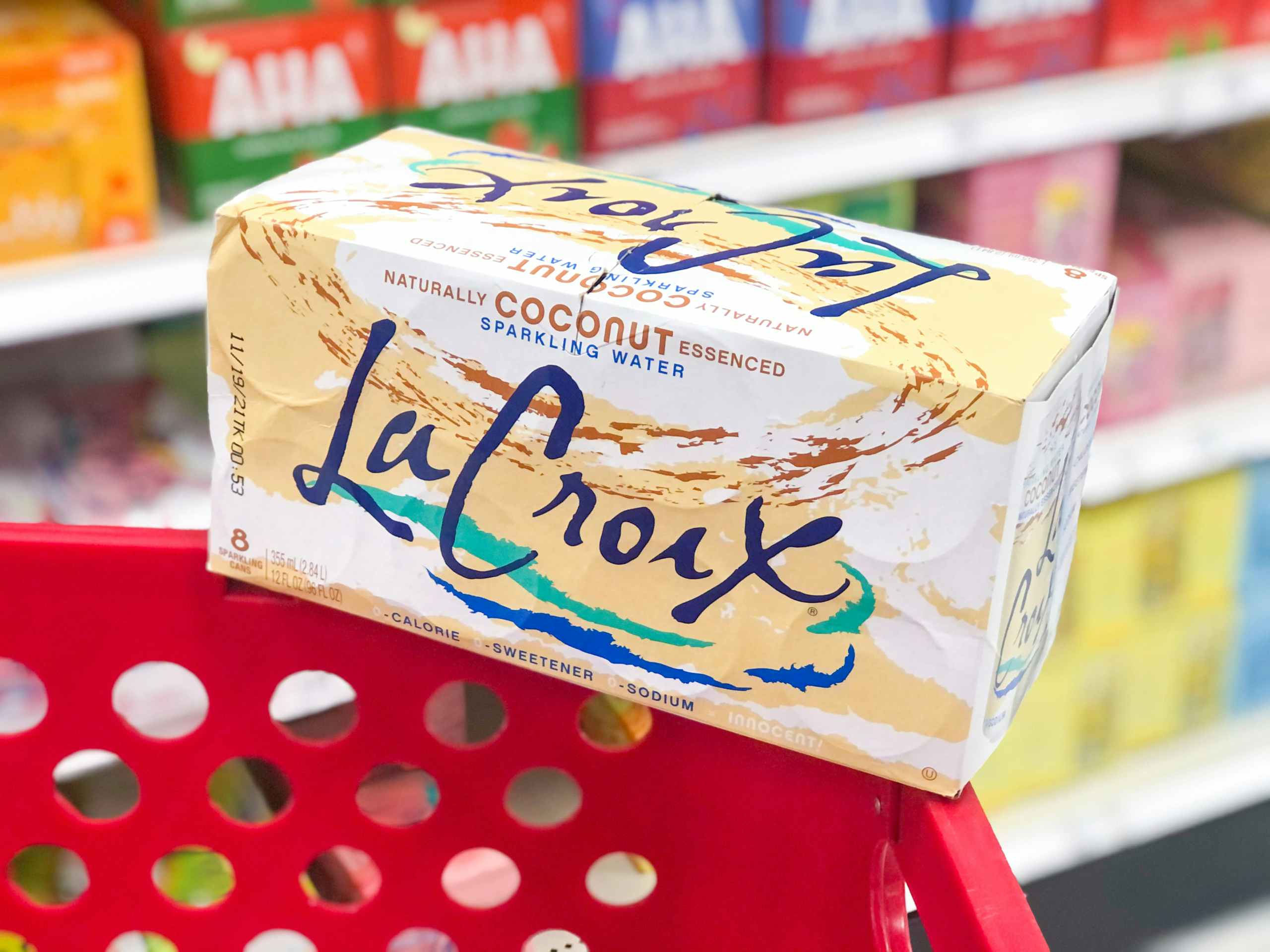 box of la croix on edge of target shopping cart