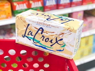 box of la croix on edge of target shopping cart