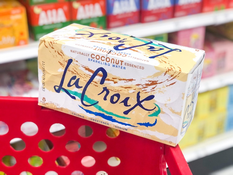 box of la croix on edge of target shopping cart