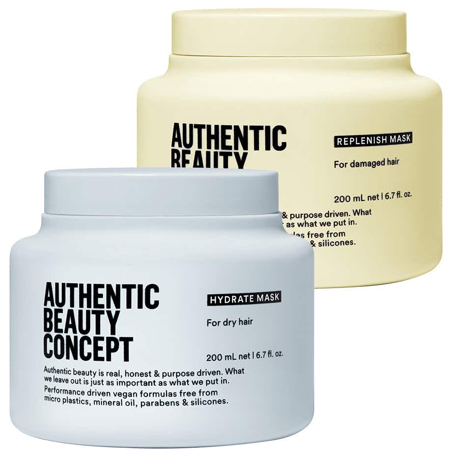 Two Authentic Beauty Concept hair mask tubs.