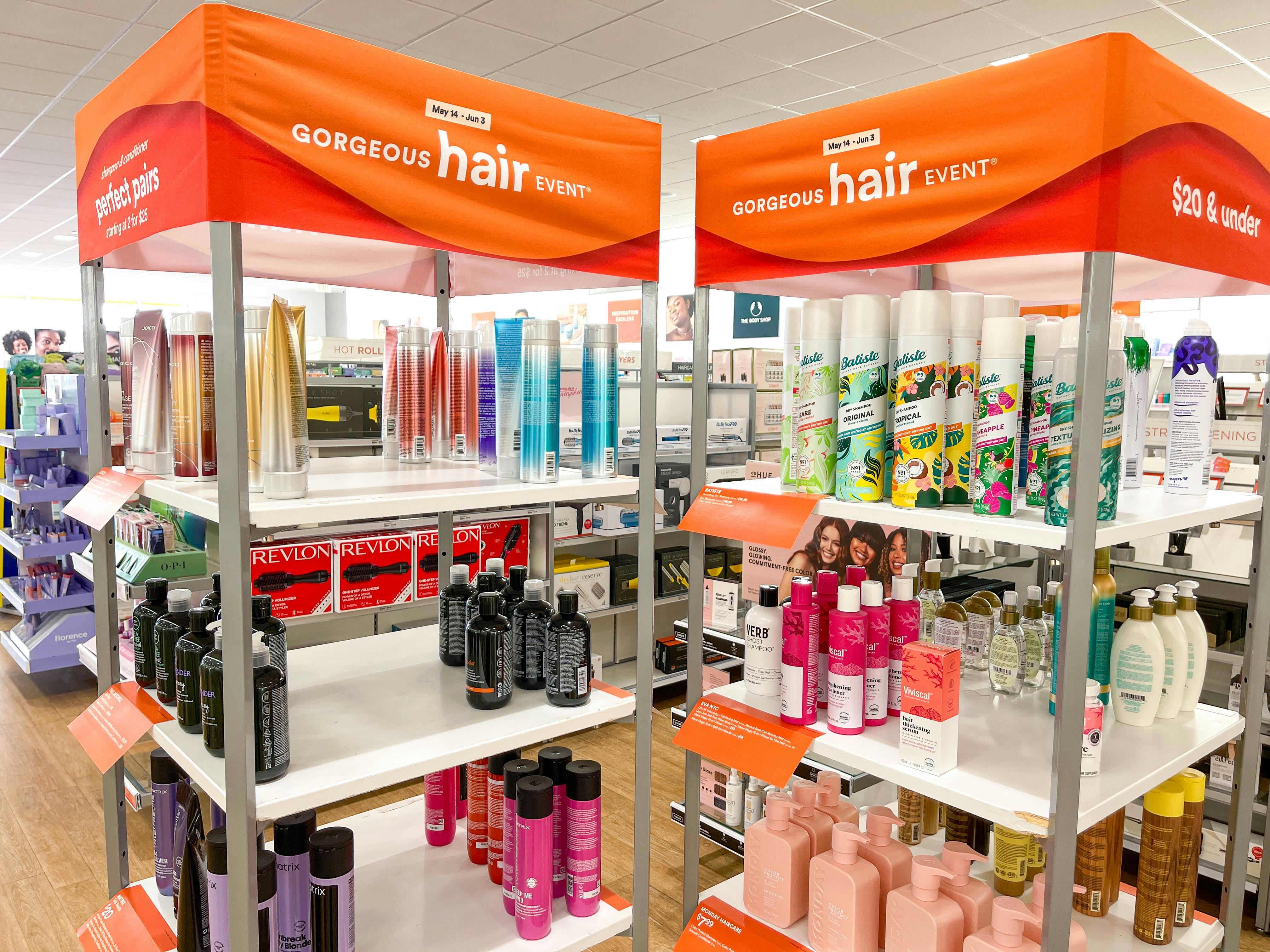 Shelves of products featured for the Gorgeous Hair Event at Ulta