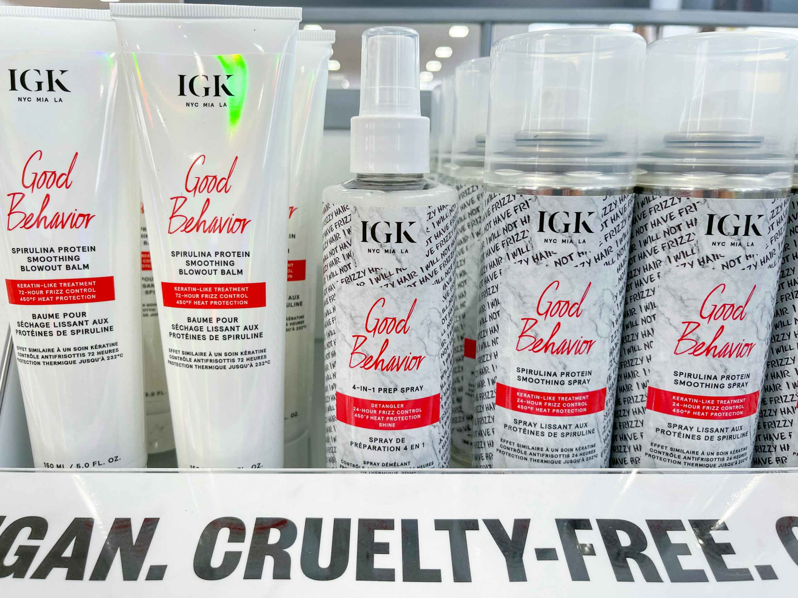 IGK Good Behavior hair products on shelf.