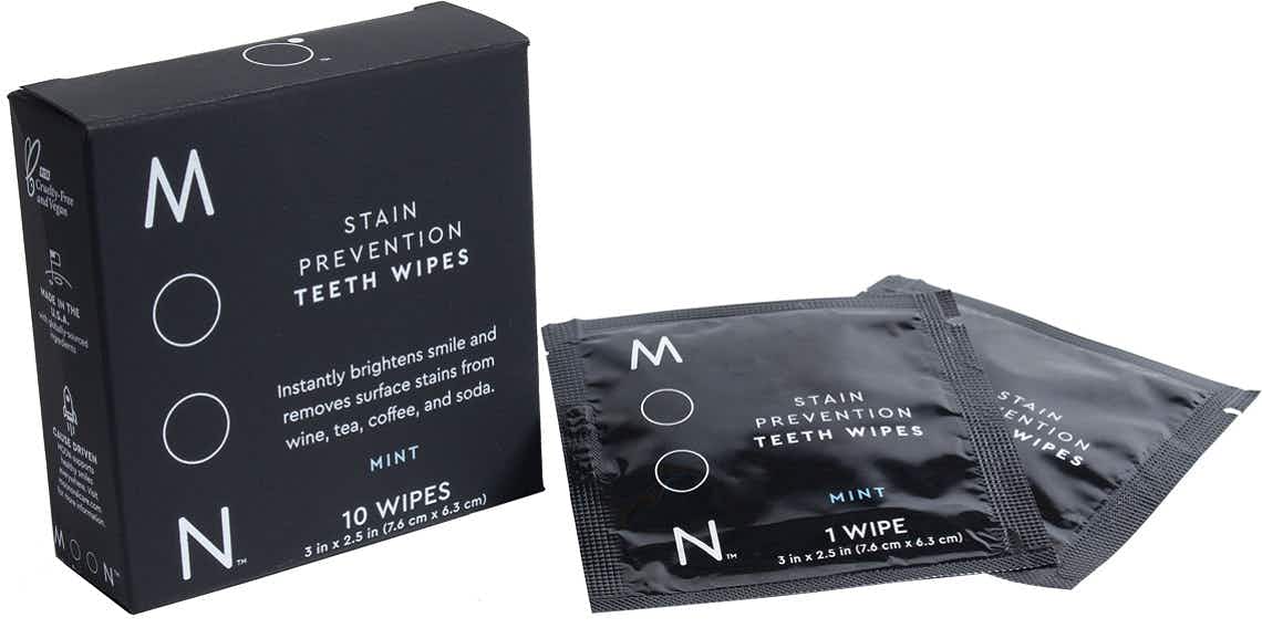 Package of stain prevention teeth wipes.