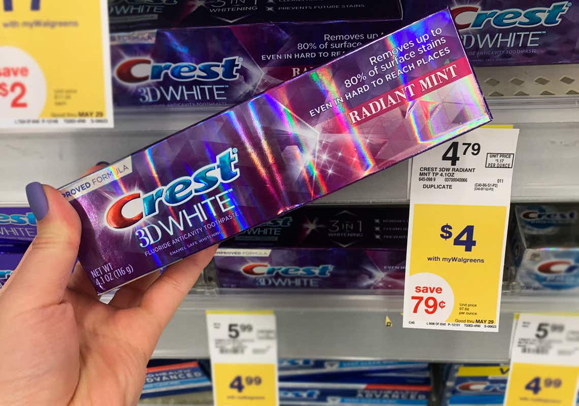 Crest 3D white toothpaste next to a yellow sale tag indicating the price as $4 until May 29