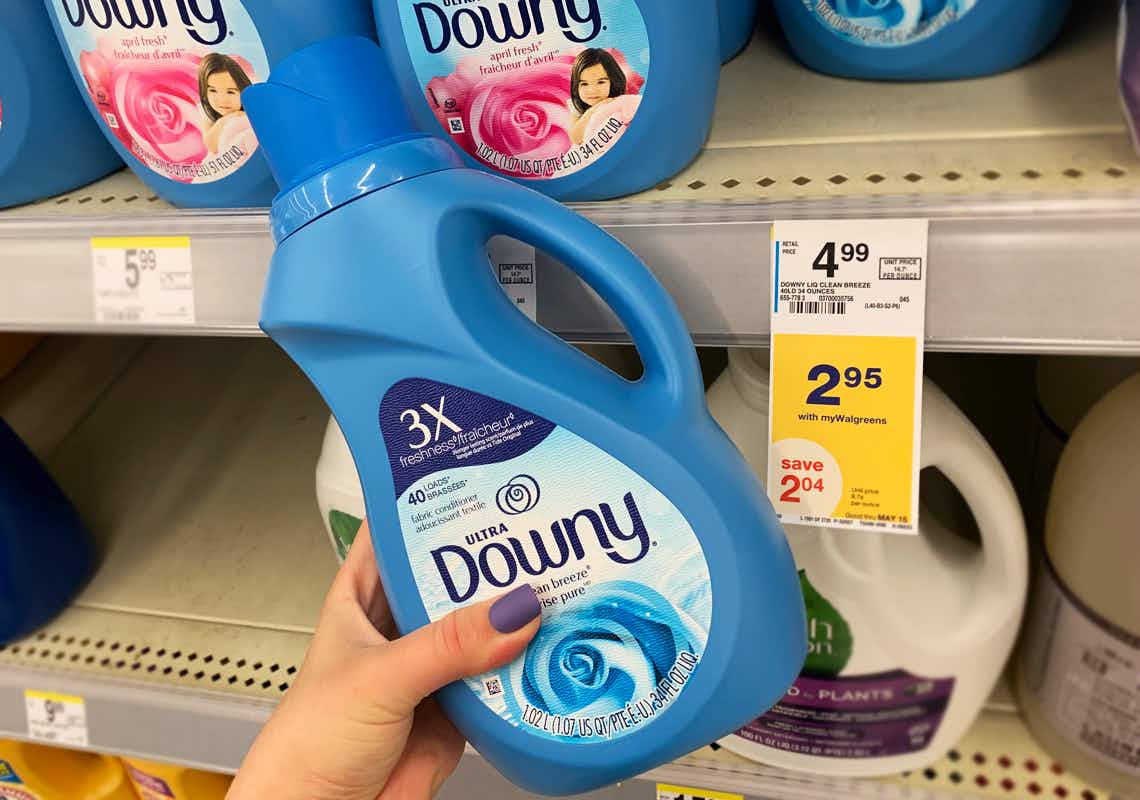 Downy fabric softener next to a yellow sale tag stating the price is $2.95