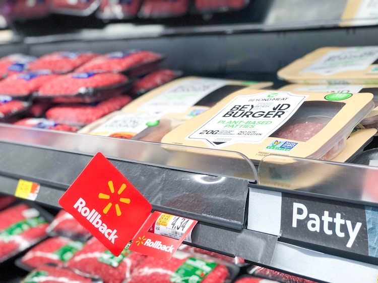 beyond burger on a walmart shelf in meat section with rollback tag