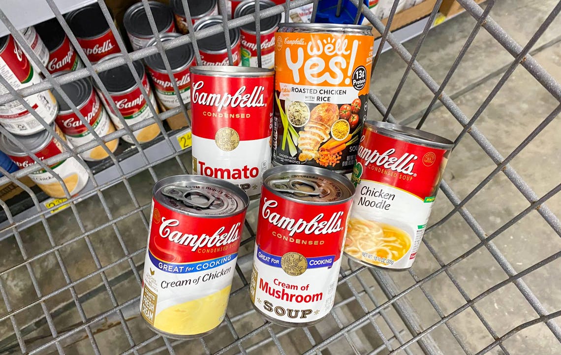 Cans of soup in a grocery cart