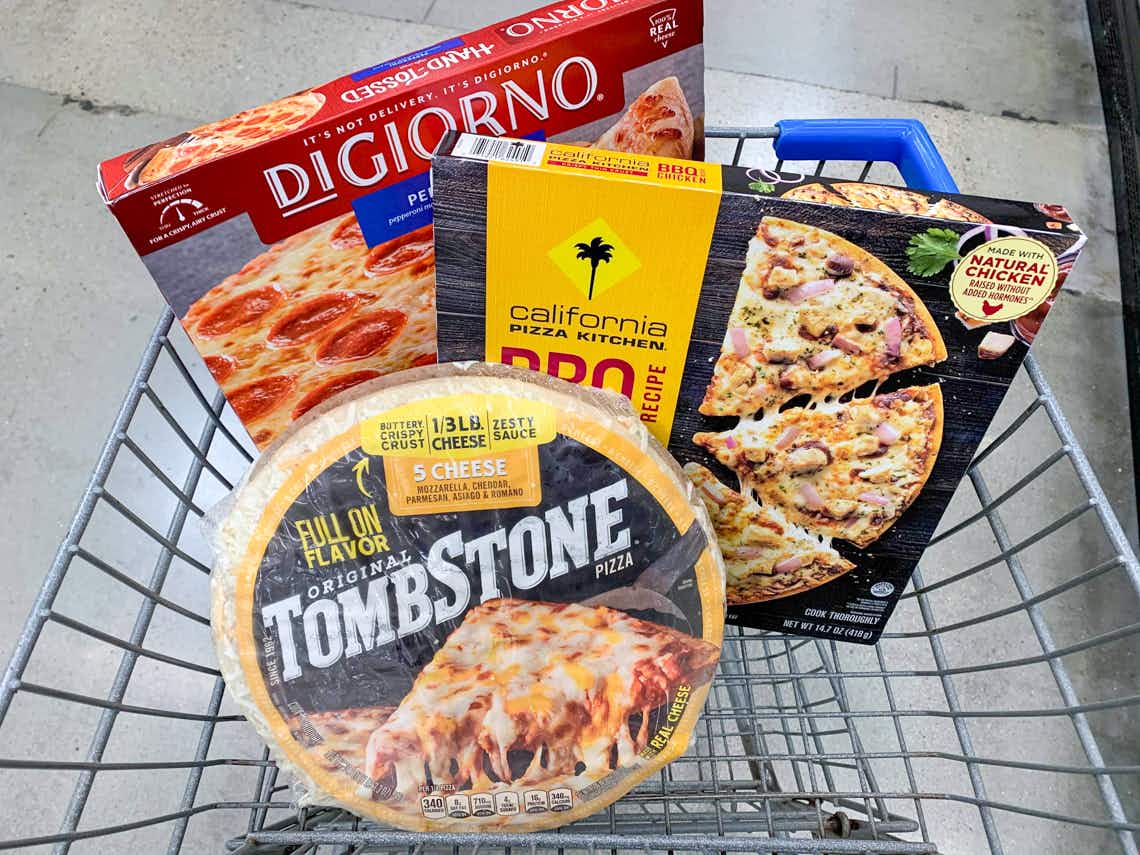 digiorno california pizza kitchen tombstone frozen pizzas in a small walmart cart with floor as background
