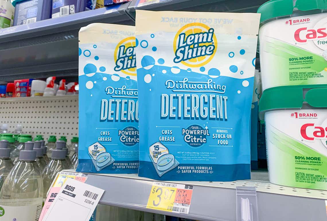 lemi-shine dishwasher detergent 15 count bag on a walmart shelf with price tag 