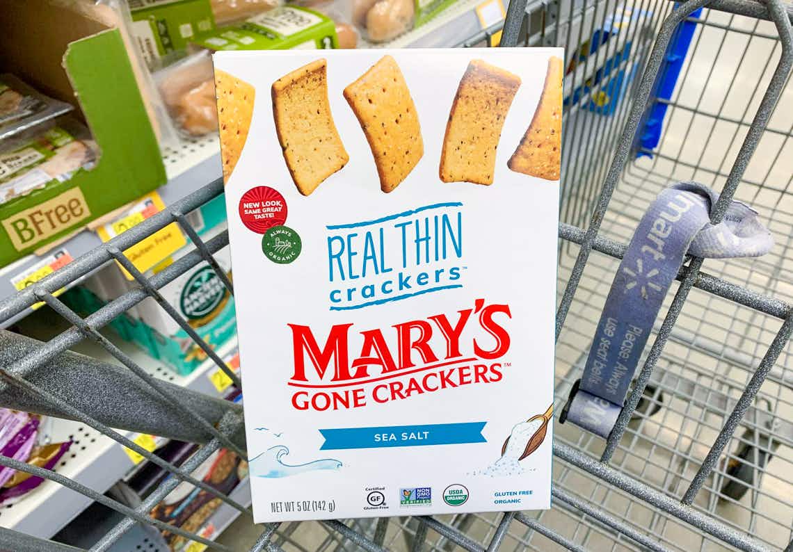 mary's gone crackers box in a walmart cary in front of gluten free items on walmart shelves