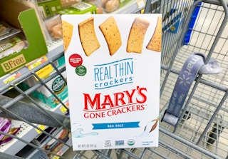 mary's gone crackers box in a walmart cary in front of gluten free items on walmart shelves