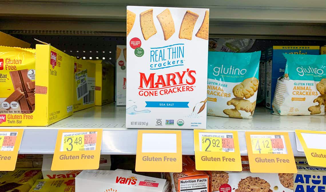 boxes of mary's gone crackers on a walmart shelf with blank gluten free tag on shelf
