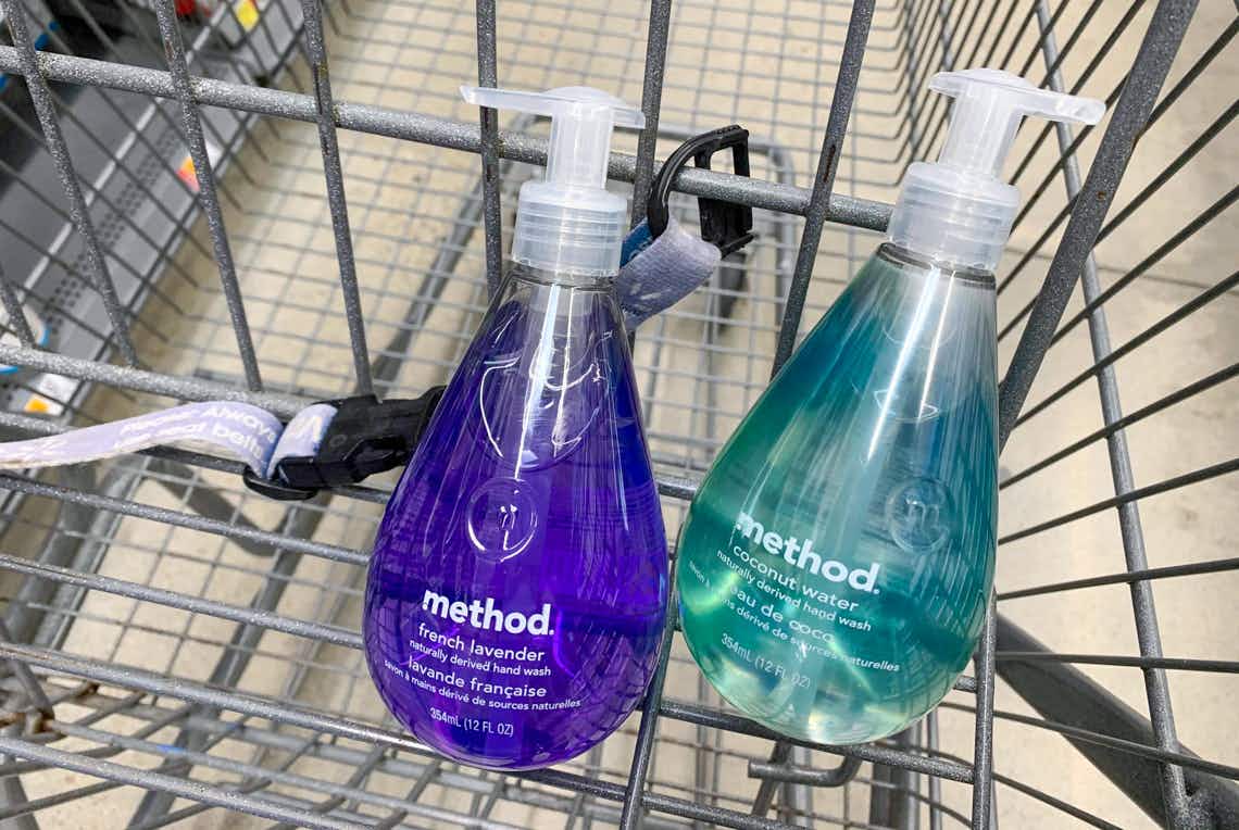 two bottles of method hand soap in a walmart cart